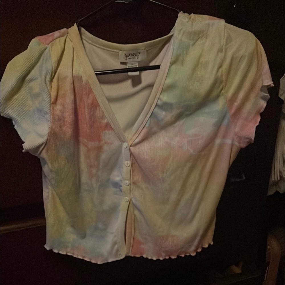 Wild Fable Green and Pink Buttoned Crop Blouse
